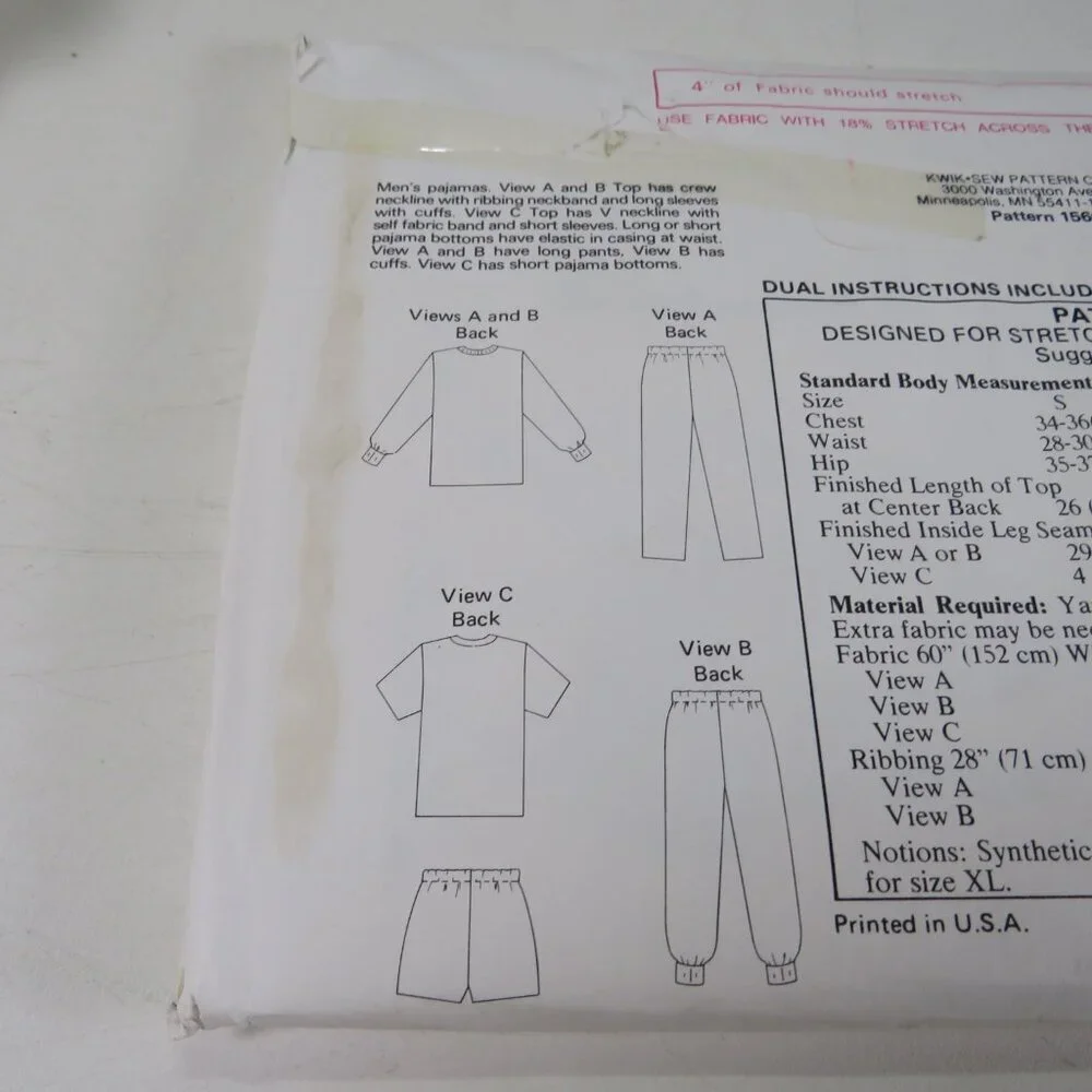 Kwik Sew 1560 Clothing Pattern Men's Pajama Top, Bottom, Sweats, Shorts